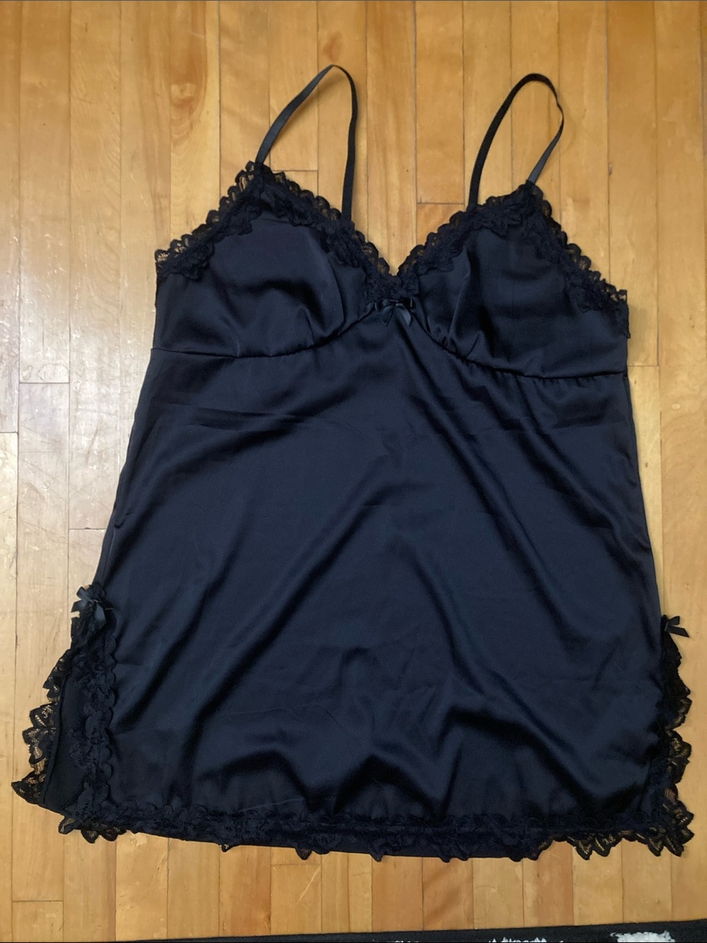 Black Lace-Trim Satin Chemise Slip